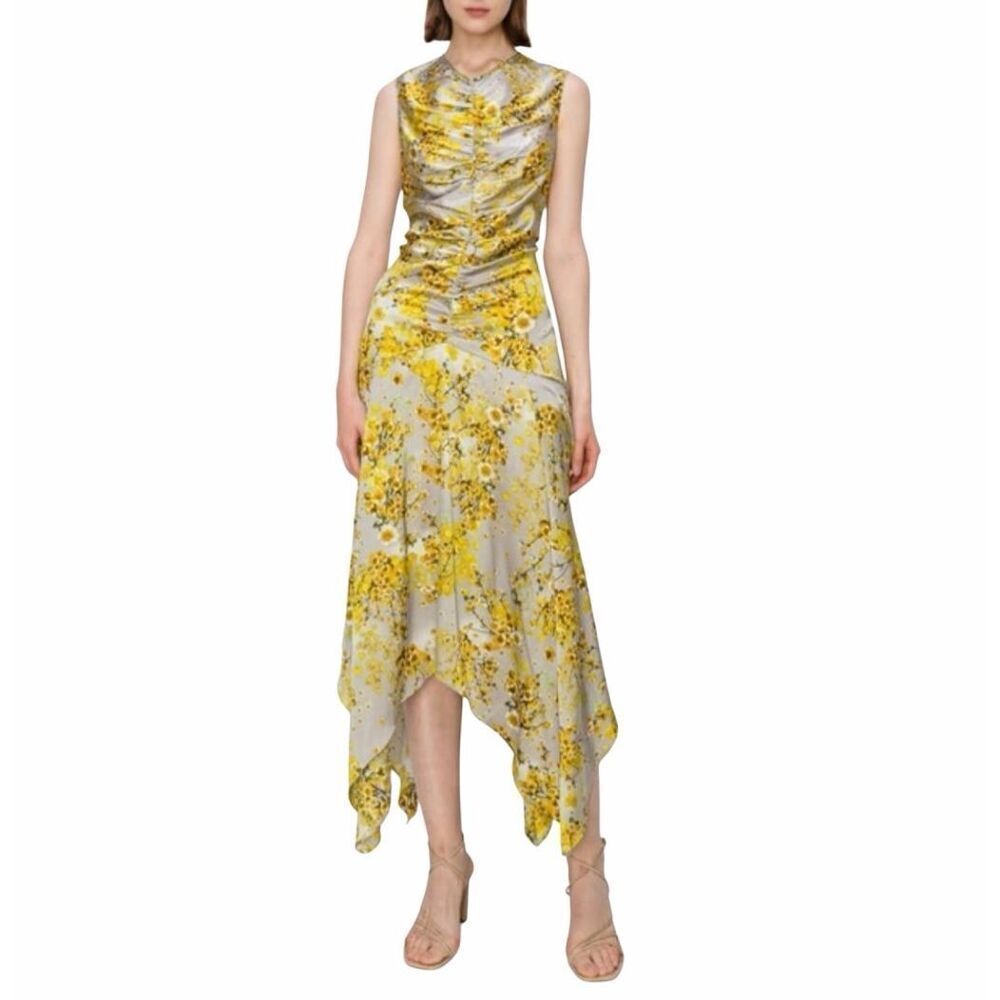 MELLODAY Floral Print Ruched Satin Midi Dress in Yellow Size XS